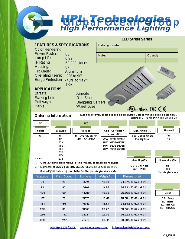 LED Street Series Catalog Number FEATURES & SPECIFICATIONS Color Rendering: Power Factor: 82 Notes