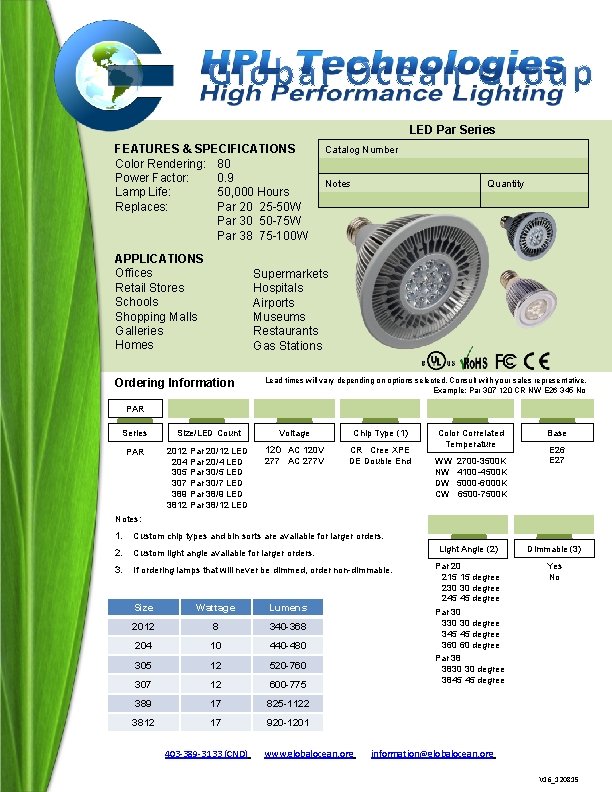 LED Par Series FEATURES & SPECIFICATIONS Color Rendering: 80 Power Factor: 0. 9 Lamp