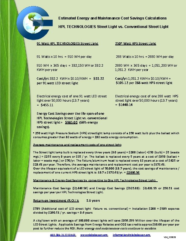 Estimated Energy and Maintenance Cost Savings Calculations HPL TECHNOLOGIES Street Light vs. Conventional Street