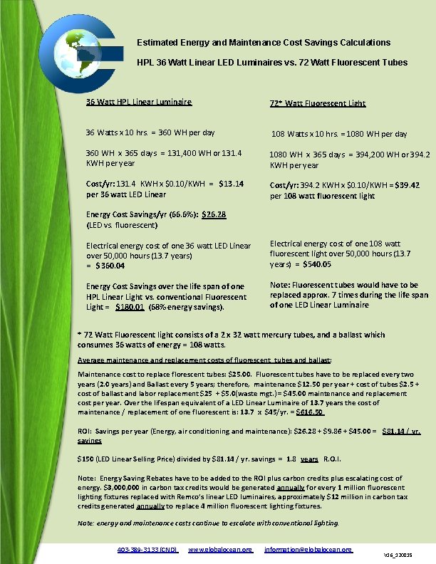 Estimated Energy and Maintenance Cost Savings Calculations HPL 36 Watt Linear LED Luminaires vs.