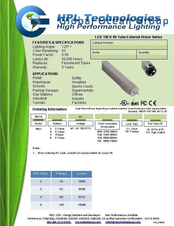 LED T 8 EX 4 ft Tube External Driver Series Catalog Number FEATURES &