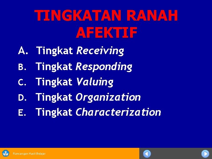 TINGKATAN RANAH AFEKTIF A. Tingkat Receiving B. Tingkat Responding C. Tingkat Valuing D. Tingkat