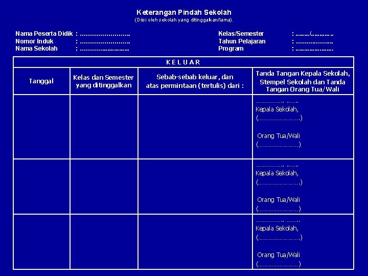 Keterangan Pindah Sekolah (Diisi oleh sekolah yang ditinggalkan/lama). Nama Peserta Didik : …………. Nomor