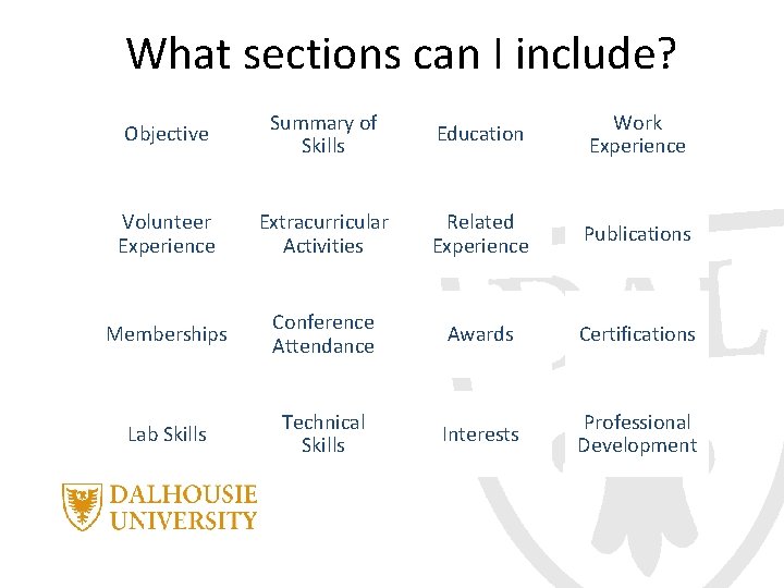 What sections can I include? Objective Summary of Skills Education Work Experience Volunteer Experience
