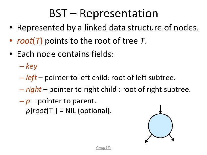 BST – Representation • Represented by a linked data structure of nodes. • root(T)