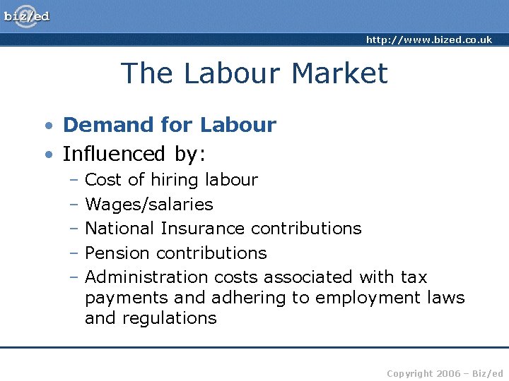 http: //www. bized. co. uk The Labour Market • Demand for Labour • Influenced
