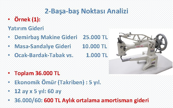 2 -Başa-baş Noktası Analizi • Örnek (1): Yatırım Gideri • Demirbaş Makine Gideri 25.