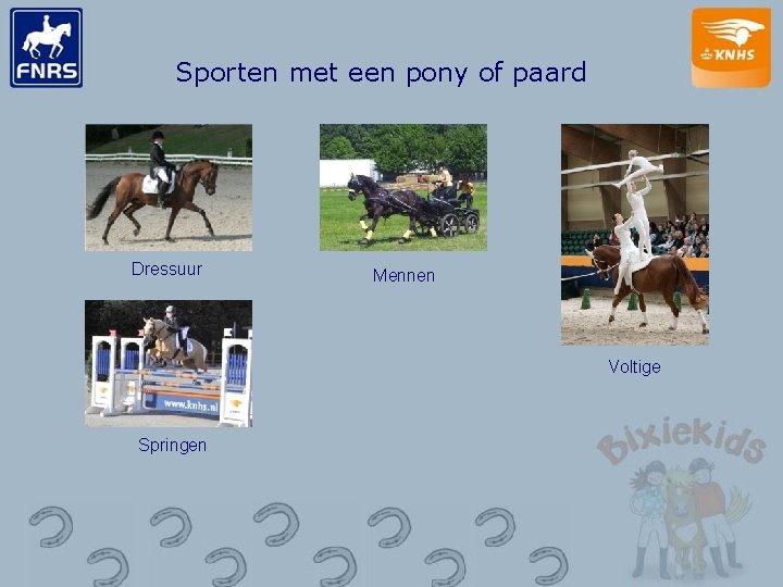 Sporten met een pony of paard Dressuur Mennen Voltige Springen 