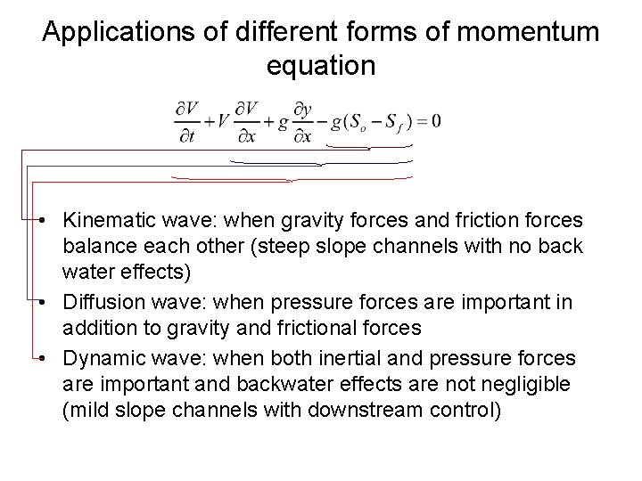 Applications of different forms of momentum equation • Kinematic wave: when gravity forces and