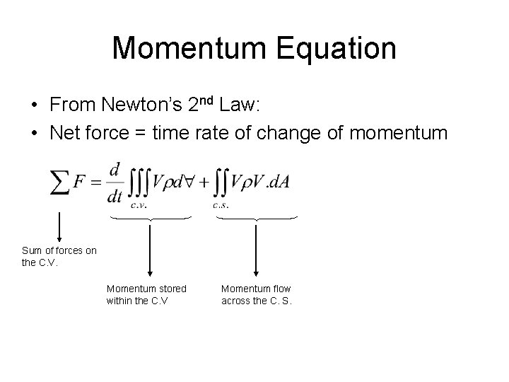 Momentum Equation • From Newton’s 2 nd Law: • Net force = time rate