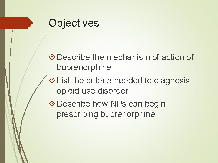 Objectives Describe the mechanism of action of buprenorphine List the criteria needed to diagnosis