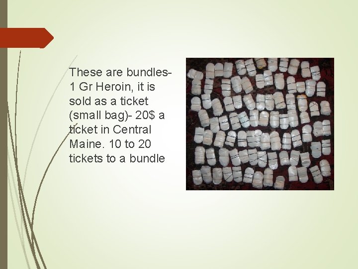 These are bundles- 1 Gr Heroin, it is sold as a ticket (small bag)-