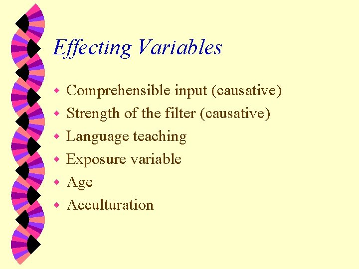 Effecting Variables w w w Comprehensible input (causative) Strength of the filter (causative) Language