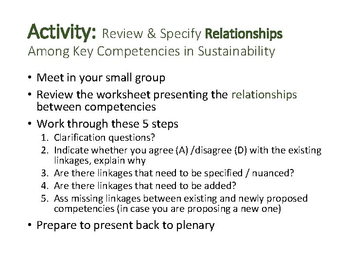 Activity: Review & Specify Relationships Among Key Competencies in Sustainability • Meet in your