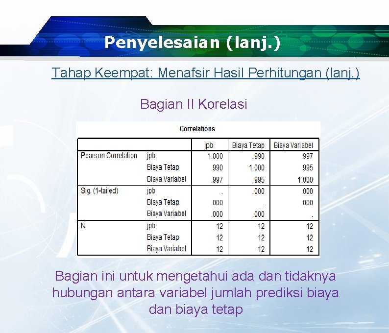 Penyelesaian (lanj. ) Tahap Keempat: Menafsir Hasil Perhitungan (lanj. ) Bagian II Korelasi Bagian Penyelesaian (lanj. ) Tahap Keempat: Menafsir Hasil Perhitungan (lanj. ) Bagian II Korelasi Bagian