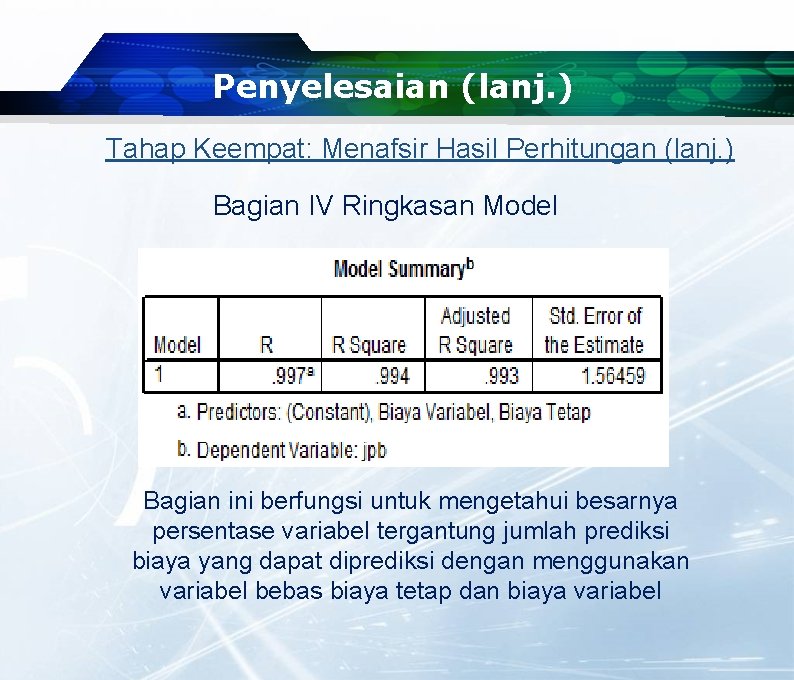 Penyelesaian (lanj. ) Tahap Keempat: Menafsir Hasil Perhitungan (lanj. ) Bagian IV Ringkasan Model Penyelesaian (lanj. ) Tahap Keempat: Menafsir Hasil Perhitungan (lanj. ) Bagian IV Ringkasan Model