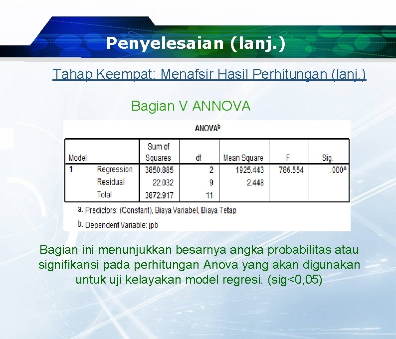 Penyelesaian (lanj. ) Tahap Keempat: Menafsir Hasil Perhitungan (lanj. ) Bagian V ANNOVA Bagian Penyelesaian (lanj. ) Tahap Keempat: Menafsir Hasil Perhitungan (lanj. ) Bagian V ANNOVA Bagian