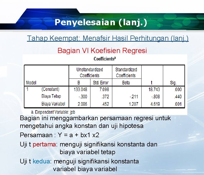 Penyelesaian (lanj. ) Tahap Keempat: Menafsir Hasil Perhitungan (lanj. ) Bagian VI Koefisien Regresi Penyelesaian (lanj. ) Tahap Keempat: Menafsir Hasil Perhitungan (lanj. ) Bagian VI Koefisien Regresi