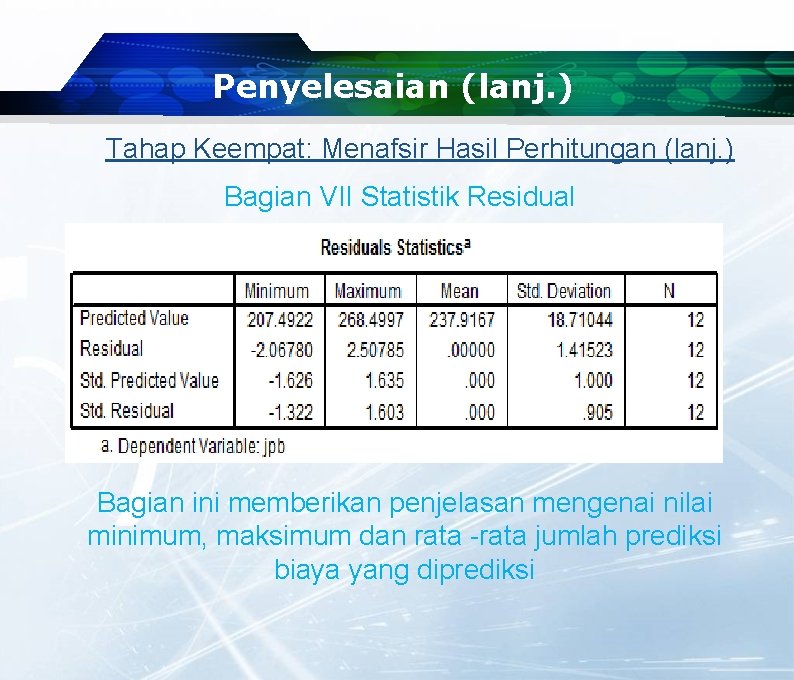 Penyelesaian (lanj. ) Tahap Keempat: Menafsir Hasil Perhitungan (lanj. ) Bagian VII Statistik Residual Penyelesaian (lanj. ) Tahap Keempat: Menafsir Hasil Perhitungan (lanj. ) Bagian VII Statistik Residual