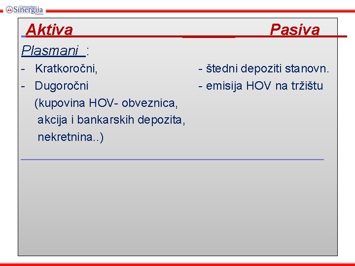 Aktiva ______ Pasiva Plasmani : - Kratkoročni, - štedni depoziti stanovn. - Dugoročni -