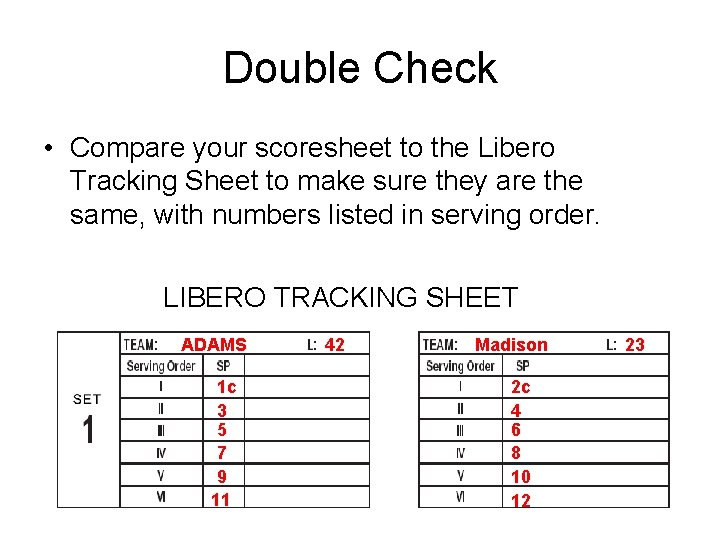 Double Check • Compare your scoresheet to the Libero Tracking Sheet to make sure Double Check • Compare your scoresheet to the Libero Tracking Sheet to make sure