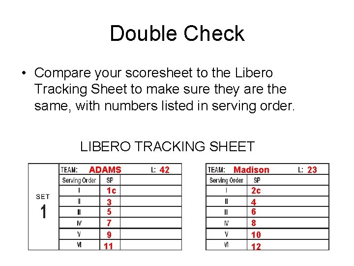 Double Check • Compare your scoresheet to the Libero Tracking Sheet to make sure