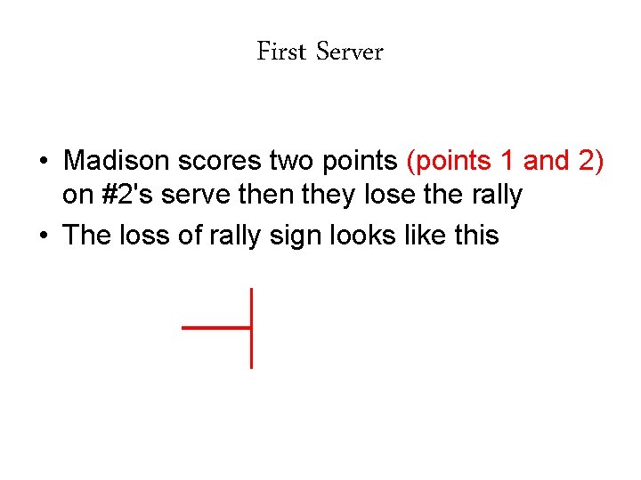 First Server • Madison scores two points (points 1 and 2) on #2's serve First Server • Madison scores two points (points 1 and 2) on #2's serve