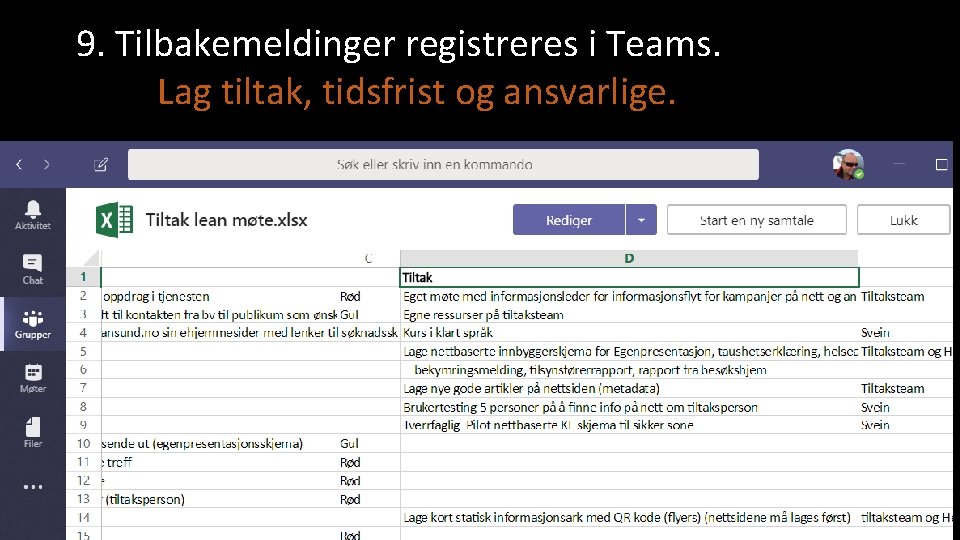 9. Tilbakemeldinger registreres i Teams. Lag tiltak, tidsfrist og ansvarlige. 