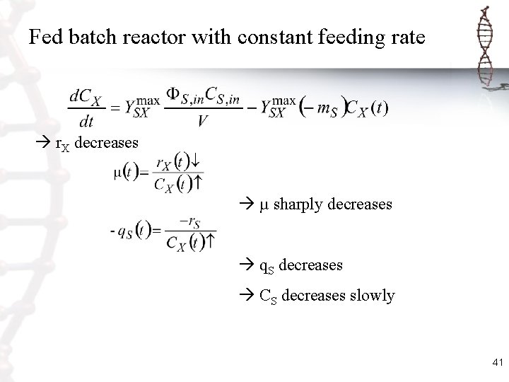 Fed batch reactor with constant feeding rate r. X decreases µ sharply decreases q.