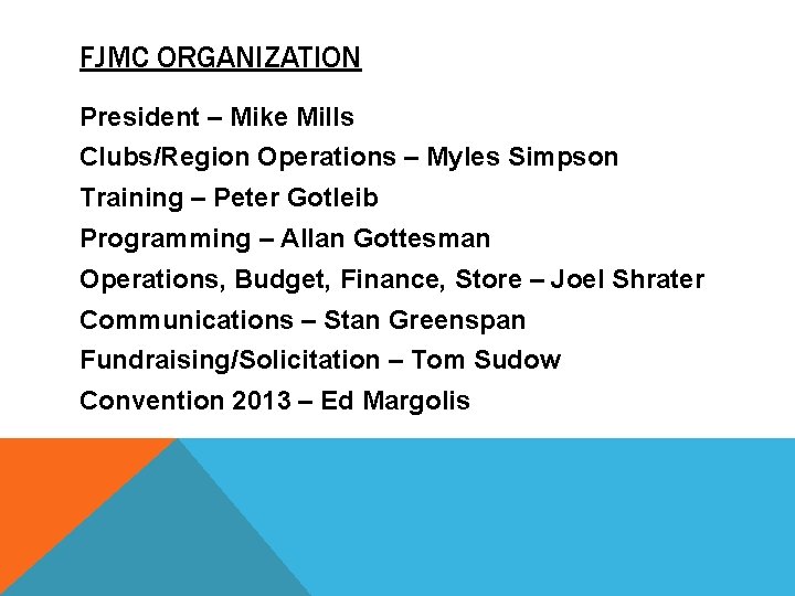 FJMC ORGANIZATION President – Mike Mills Clubs/Region Operations – Myles Simpson Training – Peter