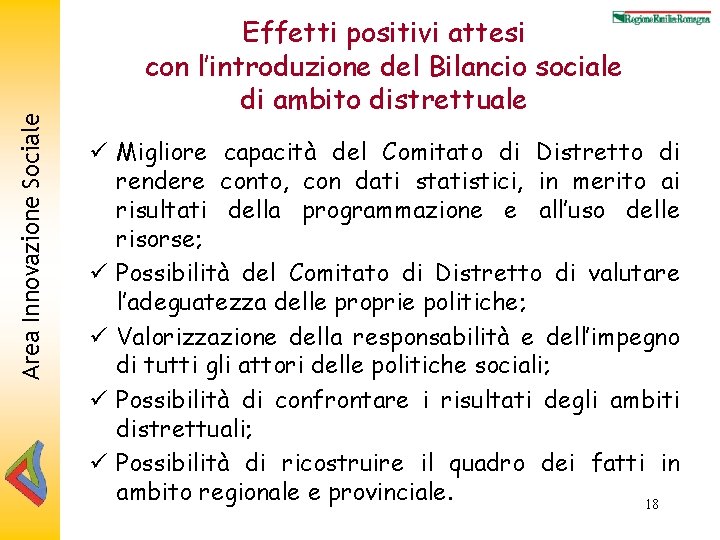 Area Innovazione Sociale Effetti positivi attesi con l’introduzione del Bilancio sociale di ambito distrettuale