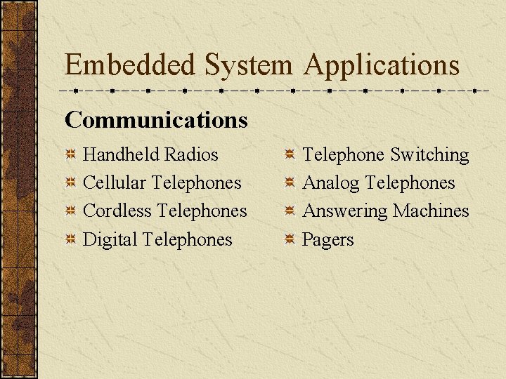 Embedded System Applications Communications Handheld Radios Cellular Telephones Cordless Telephones Digital Telephones Telephone Switching