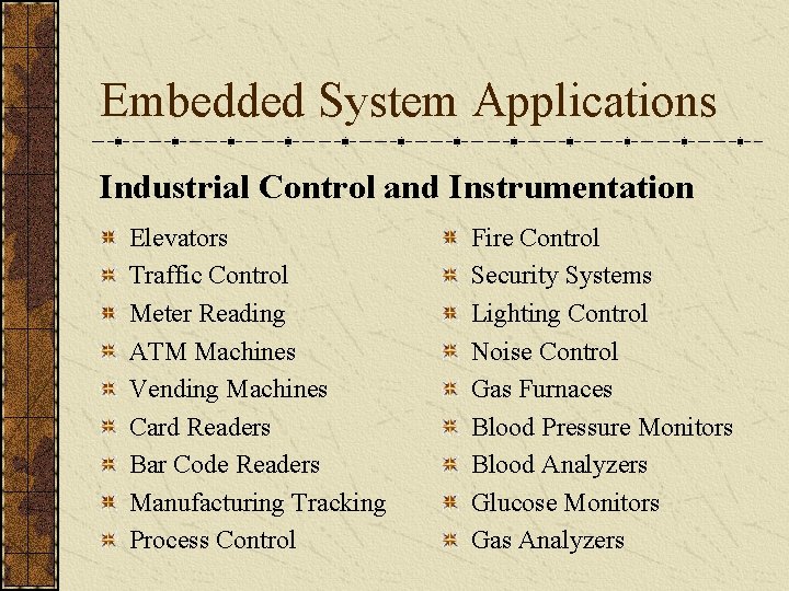 Embedded System Applications Industrial Control and Instrumentation Elevators Traffic Control Meter Reading ATM Machines