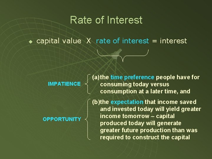 Rate of Interest u capital value X rate of interest = interest IMPATIENCE (a)