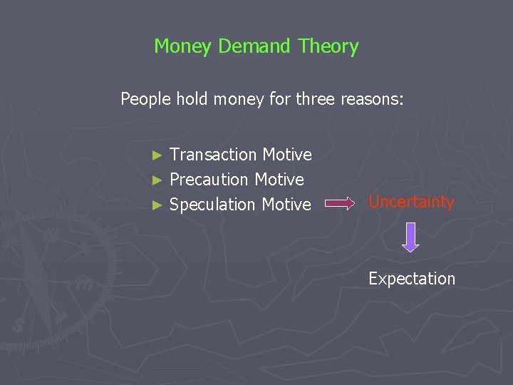 Money Demand Theory People hold money for three reasons: Transaction Motive ► Precaution Motive