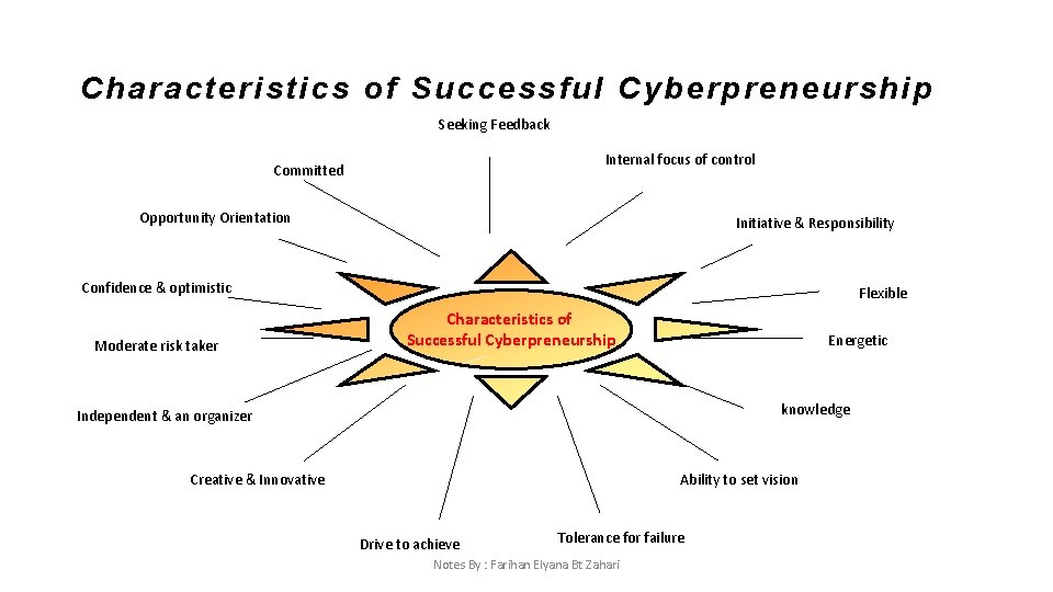 Characteristics of Successful Cyberpreneurship Seeking Feedback Internal focus of control Committed Opportunity Orientation Initiative