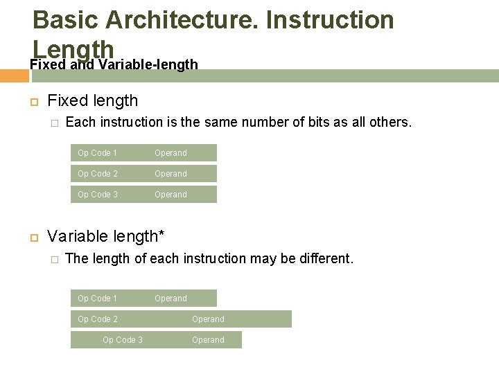 Basic Architecture. Instruction Length Fixed and Variable-length Fixed length � Each instruction is the