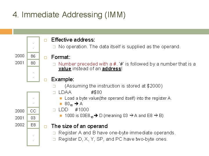 4. Immediate Addressing (IMM) . . 2000 86 2001 80. . Effective address: �