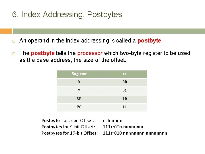 6. Index Addressing. Postbytes An operand in the index addressing is called a postbyte.