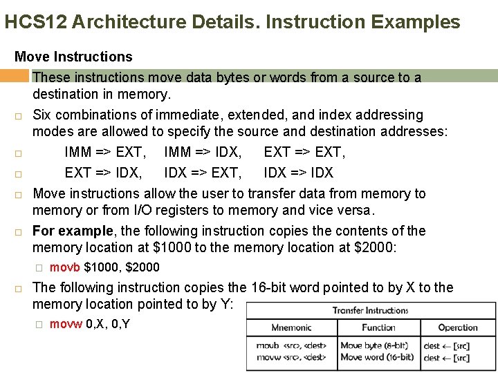 HCS 12 Architecture Details. Instruction Examples Move Instructions These instructions move data bytes or