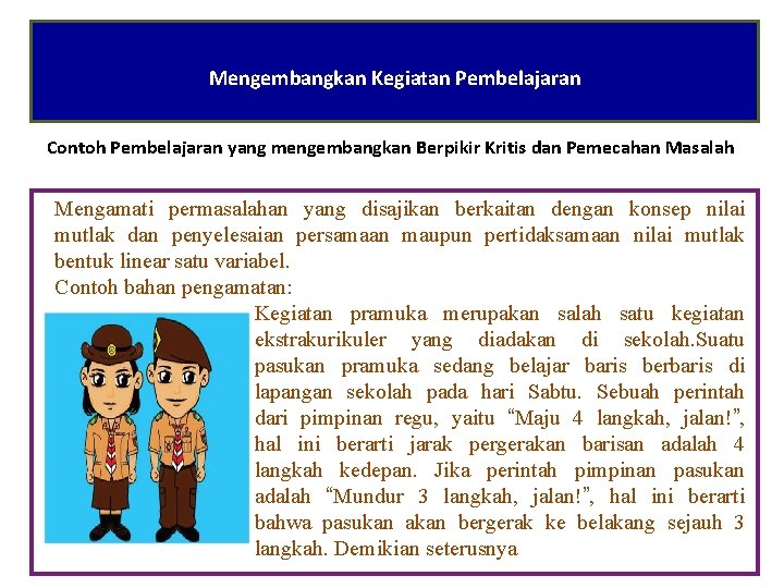 Mengembangkan Kegiatan Pembelajaran Contoh Pembelajaran yang mengembangkan Berpikir Kritis dan Pemecahan Masalah Mengamati permasalahan