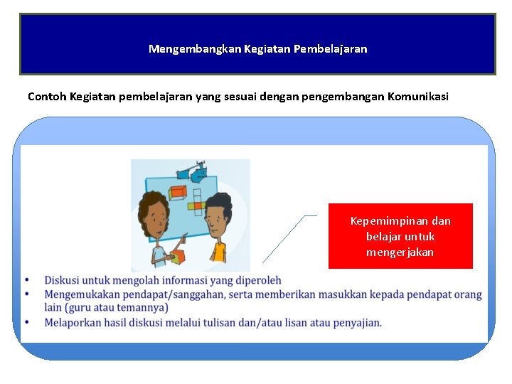 Mengembangkan Kegiatan Pembelajaran Contoh Kegiatan pembelajaran yang sesuai dengan pengembangan Komunikasi Kepemimpinan dan belajar