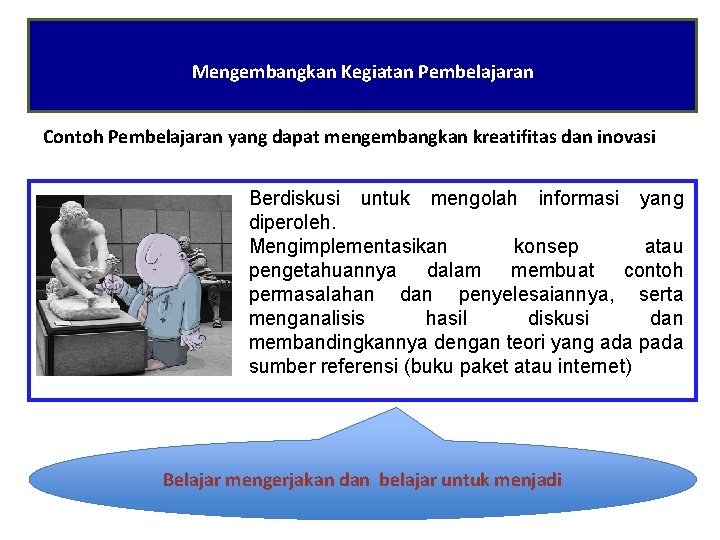 Mengembangkan Kegiatan Pembelajaran Contoh Pembelajaran yang dapat mengembangkan kreatifitas dan inovasi Berdiskusi untuk mengolah