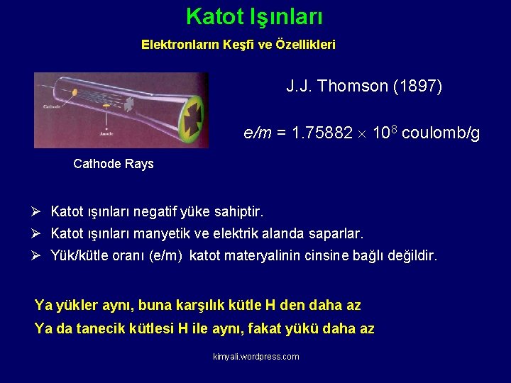 Katot Işınları Elektronların Keşfi ve Özellikleri J. J. Thomson (1897) e/m = 1. 75882