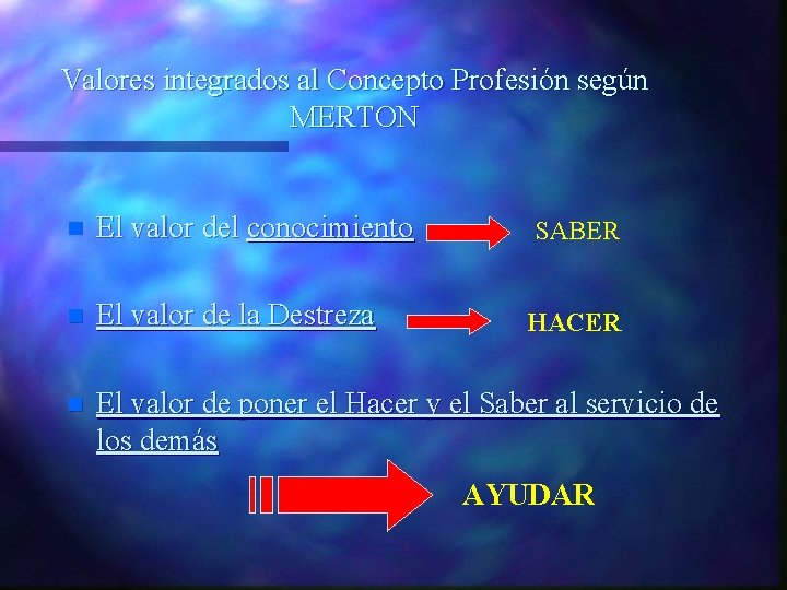 Valores integrados al Concepto Profesión según MERTON n El valor del conocimiento n El