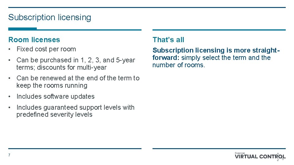 Subscription licensing Room licenses That’s all • Fixed cost per room Subscription licensing is