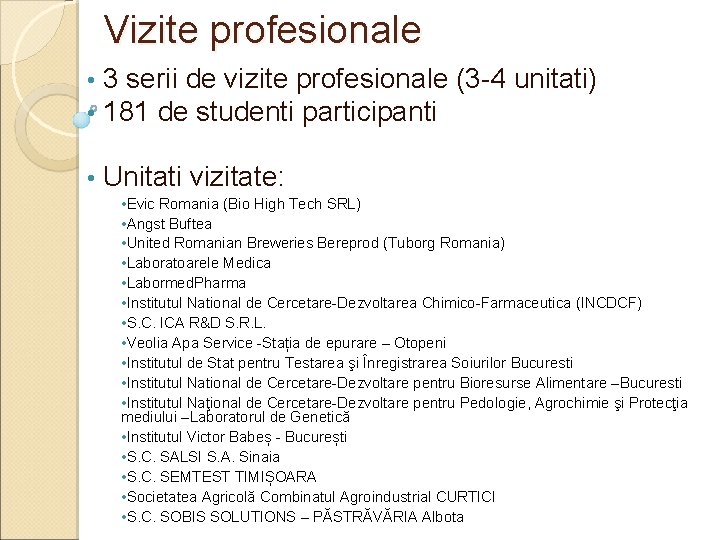 Vizite profesionale • 3 serii de vizite profesionale (3 -4 unitati) • 181 de