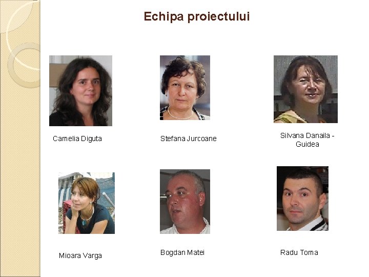 Echipa proiectului Camelia Diguta Mioara Varga Stefana Jurcoane Silvana Danaila Guidea Bogdan Matei Radu