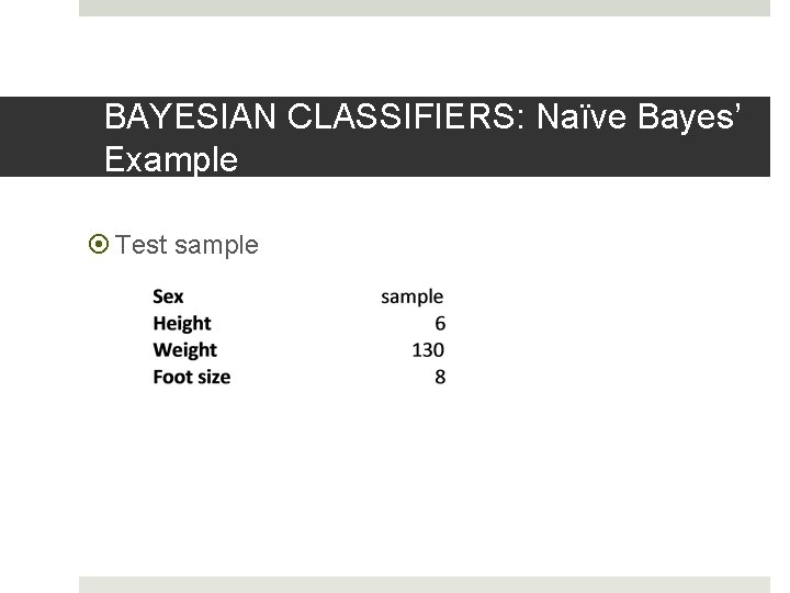 BAYESIAN CLASSIFIERS: Naïve Bayes’ Example Test sample BAYESIAN CLASSIFIERS: Naïve Bayes’ Example Test sample