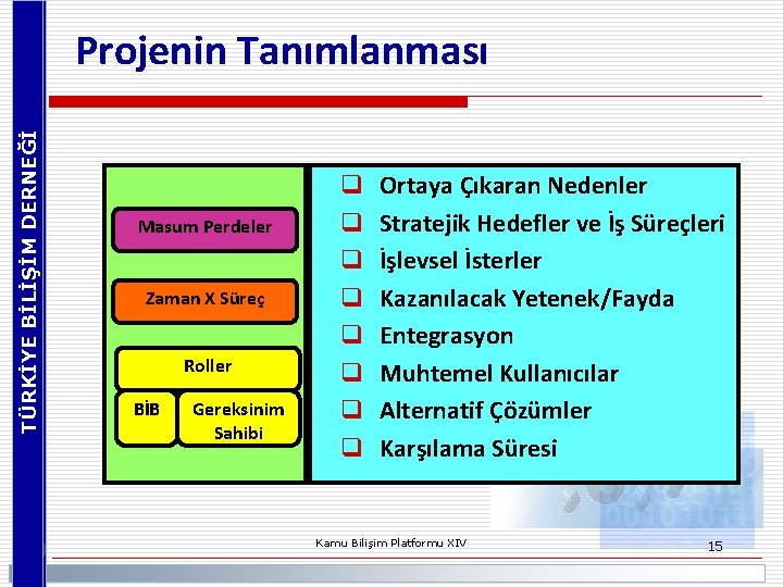 TÜRKİYE BİLİŞİM DERNEĞİ Projenin Tanımlanması Masum Perdeler Zaman X Süreç Roller BİB Gereksinim Sahibi